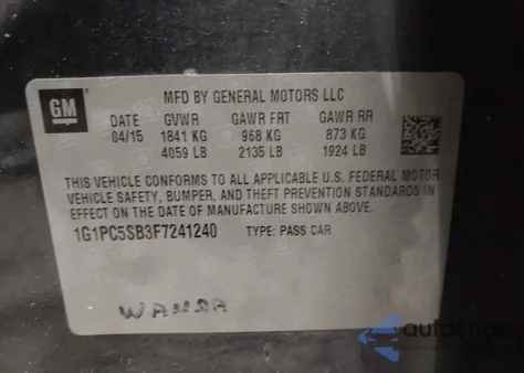 2015 Chevrolet Cruze 1Lt Auto из США, поврежденный, VIN 1G1PC5SB3F7241240